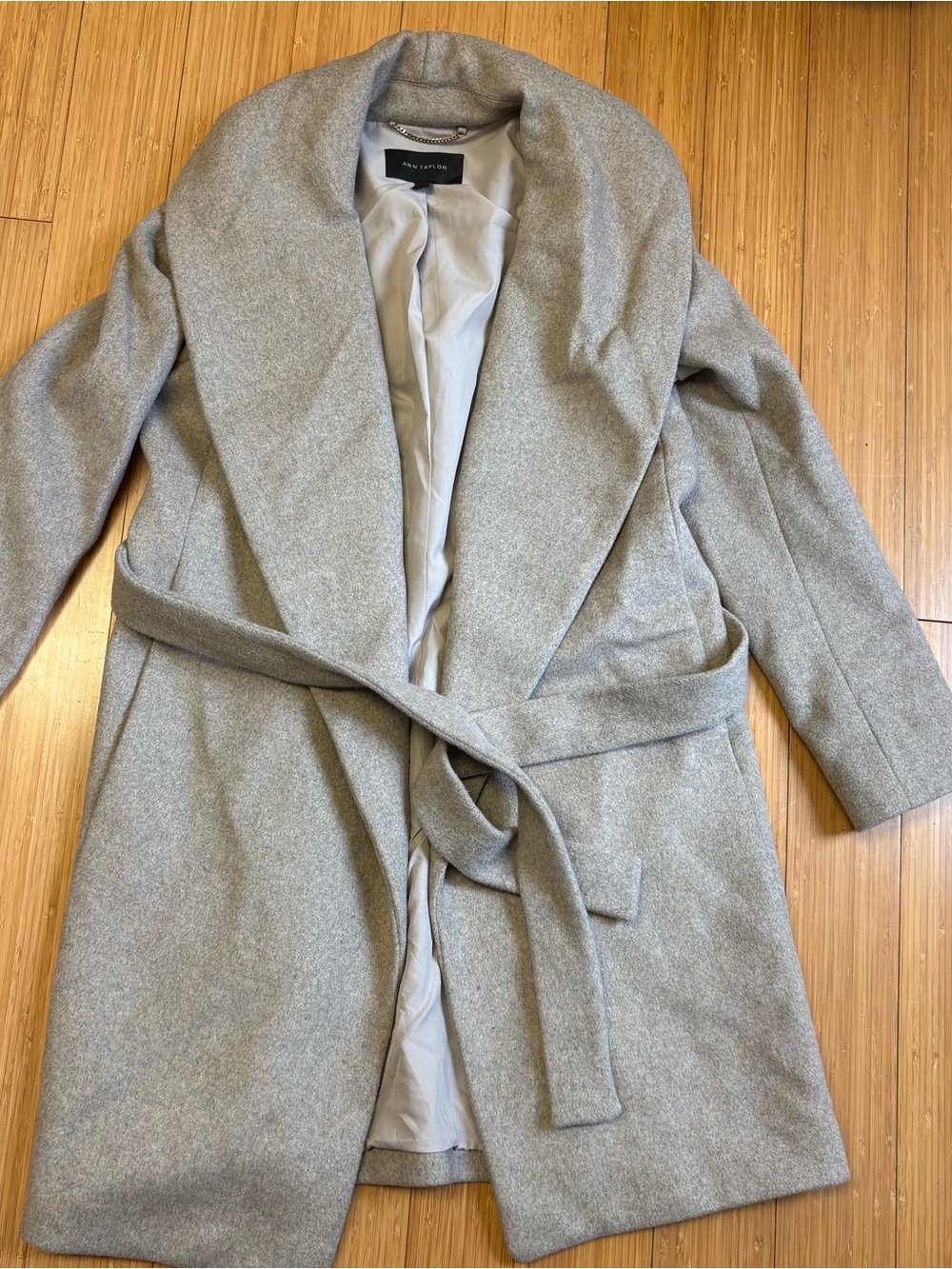 Ann Taylor Light Gray Wool-Blend Coat with Gold Chain Detail